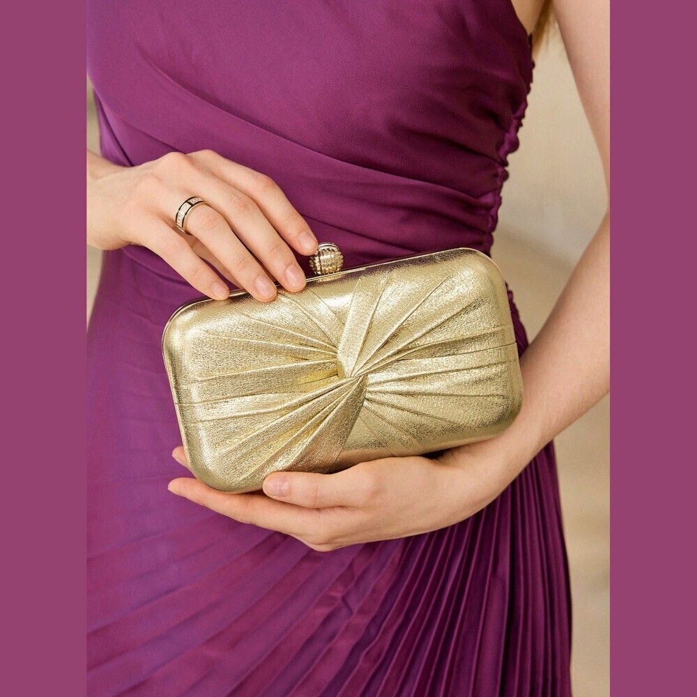 Gold Pleated Metallic Twist Front Hardcase Clutch